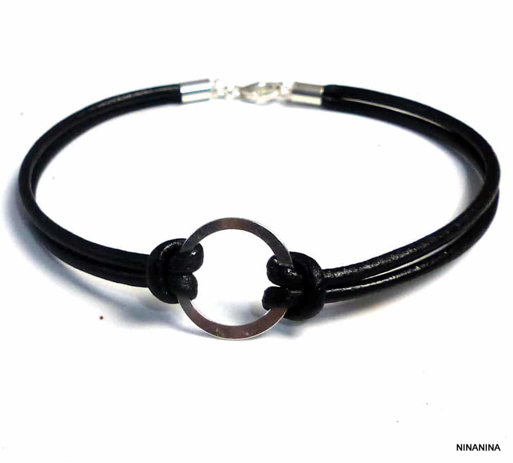 Bracelet cordon cuir anneau fin Argent 925 massif – Image 7