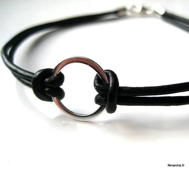 Bracelet cordon cuir anneau fin Argent 925 massif – Image 2
