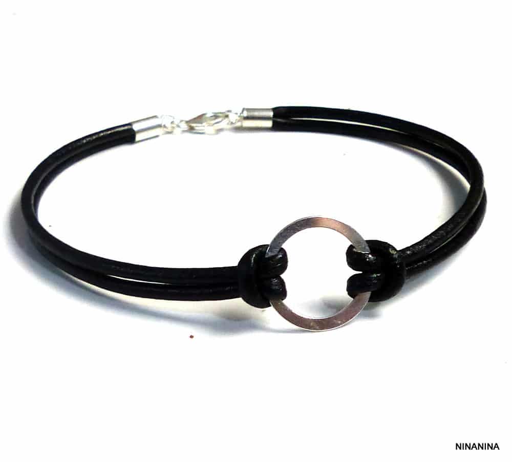 Bracelet cordon cuir anneau fin Argent 925 massif – Image 8