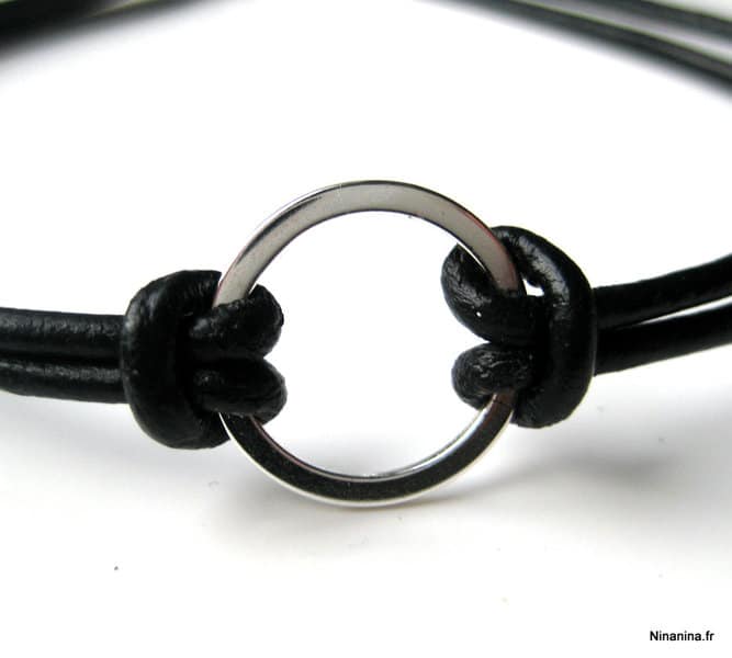 Bracelet cordon cuir anneau fin Argent 925 massif – Image 4
