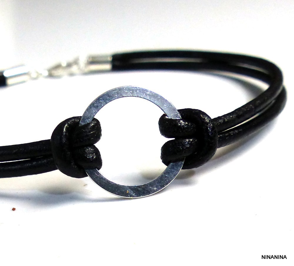 Bracelet cordon cuir anneau fin Argent 925 massif – Image 9