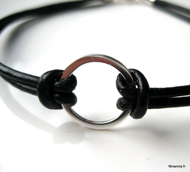 Bracelet cordon cuir anneau fin Argent 925 massif – Image 6