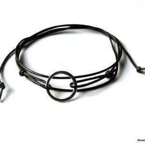 Bracelet wrap cuir anneau Argent 925 massif