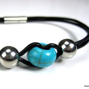 Bracelet cordon cuir rondelle turquoise et Acier