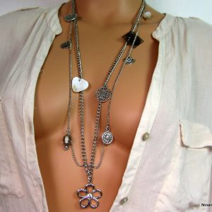 Collier double métal argenté et nacre