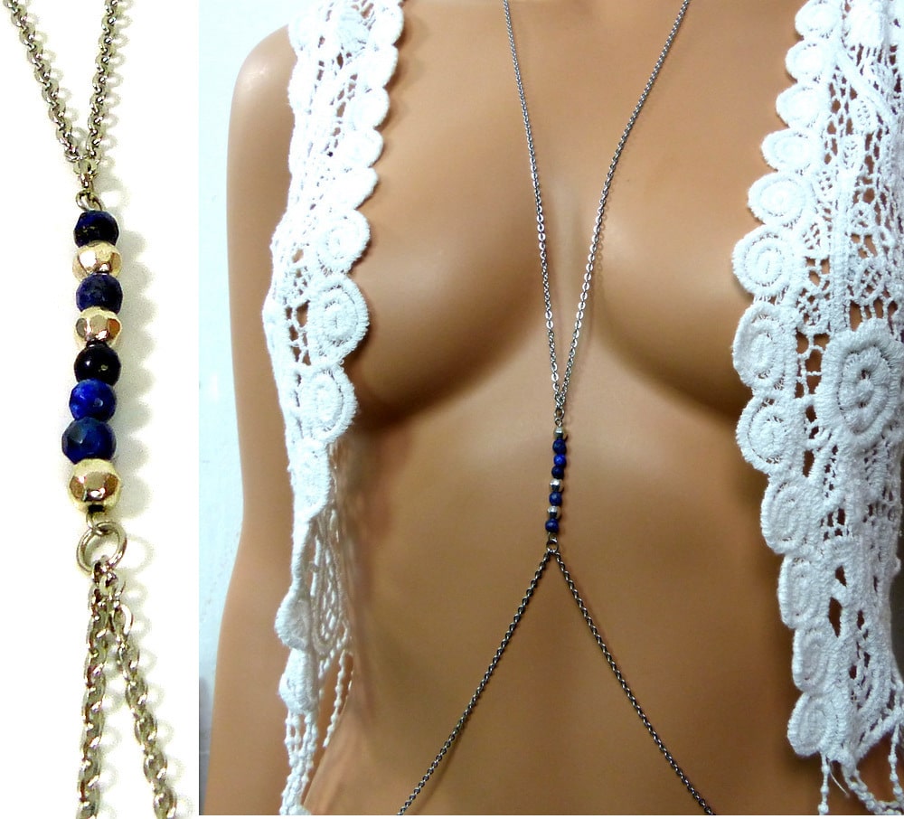 Chaine de corps Acier pierres semi précieuses Lapis Lazuli – Image 3
