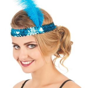 BANDEAU CHARLESTON A SEQUINS ET PLUMES – BLEU
