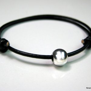 Bracelet cordon cuir noire boule Argent 925 massif