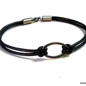Bracelet cordon cuir homme anneau ovale Acier argent