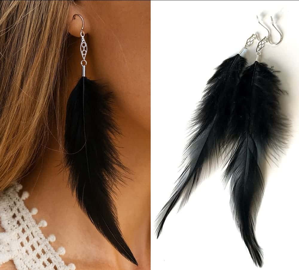 Boucles D oreilles plumes noires naturelles losanges argent 925 artisanales