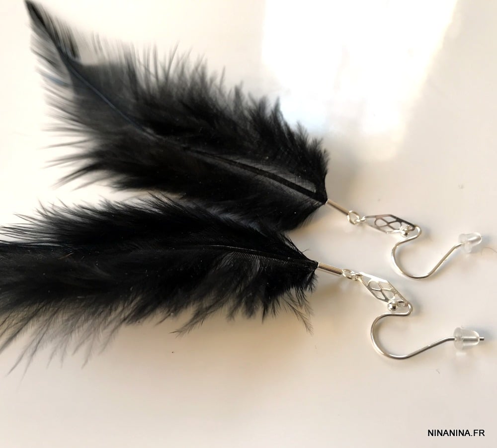 Boucles D oreilles plumes noires naturelles losanges argent 925 artisanales – Image 3