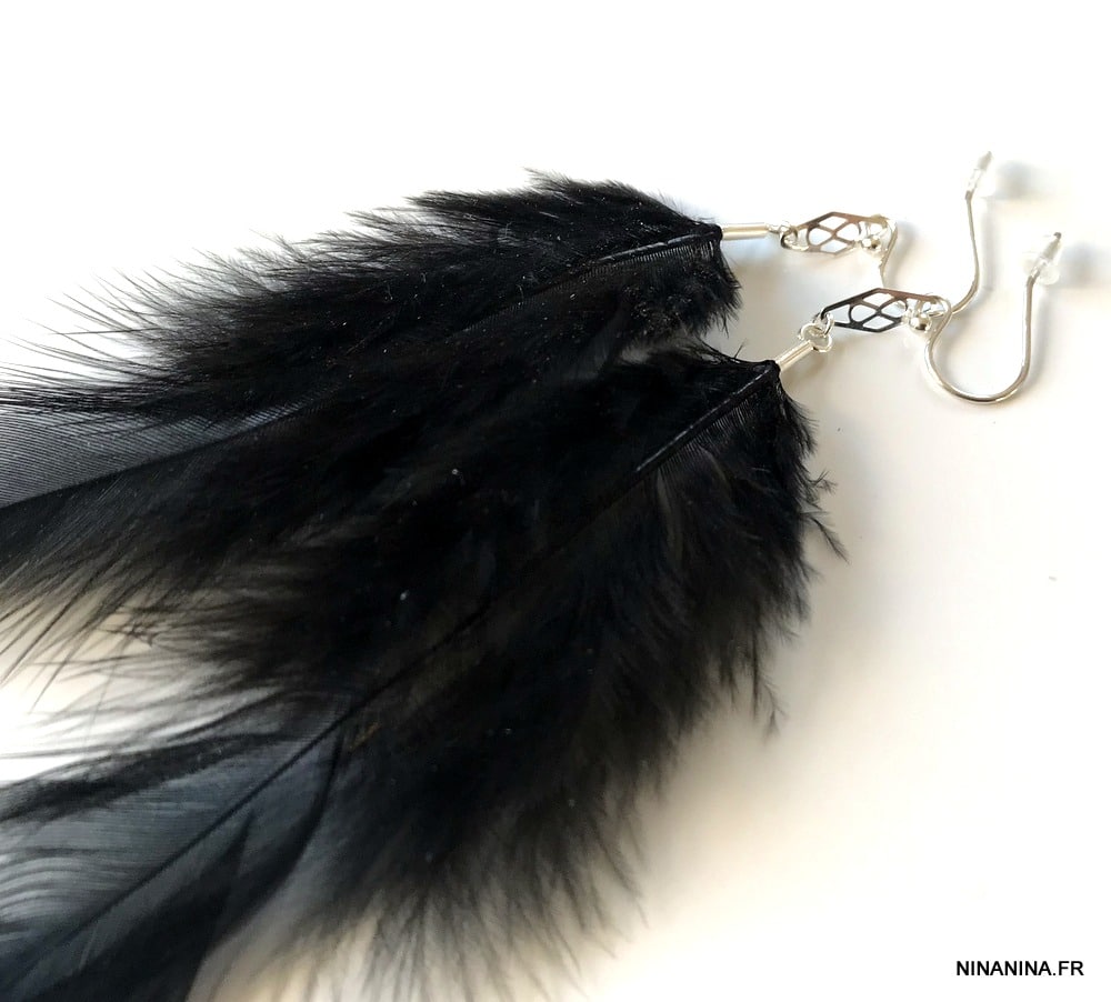 Boucles D oreilles plumes noires naturelles losanges argent 925 artisanales – Image 5