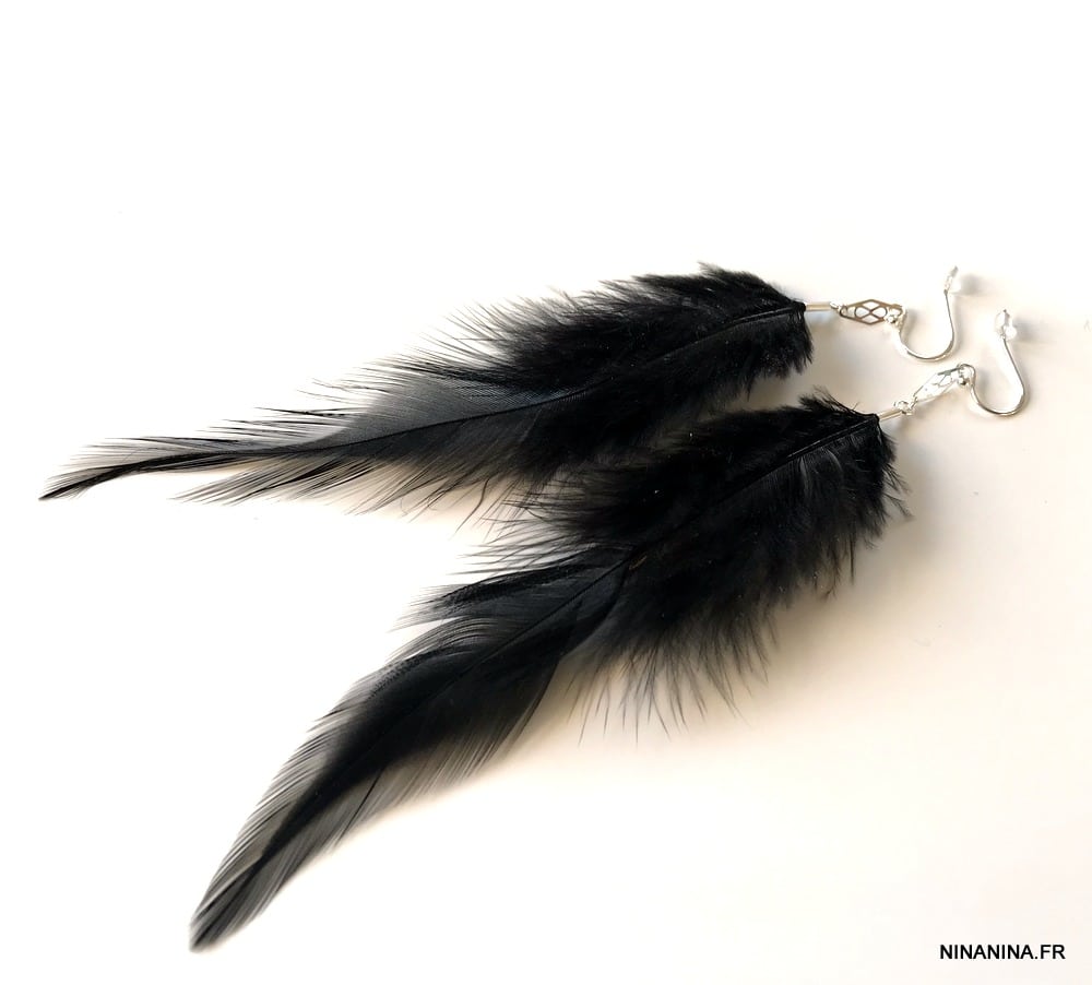 Boucles D oreilles plumes noires naturelles losanges argent 925 artisanales – Image 7