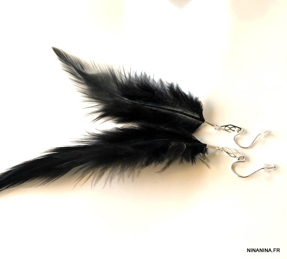 Boucles D oreilles plumes noires naturelles losanges argent 925 artisanales – Image 9