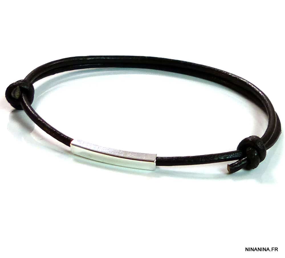 Bracelet tube Argent 925 sur cordon cuir coulissant – Image 9
