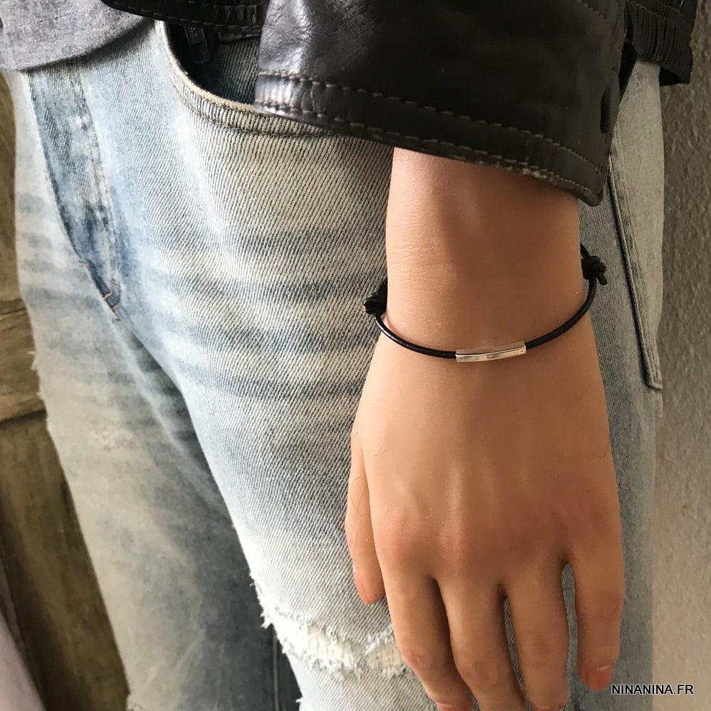 Bracelet tube Argent 925 sur cordon cuir coulissant – Image 8