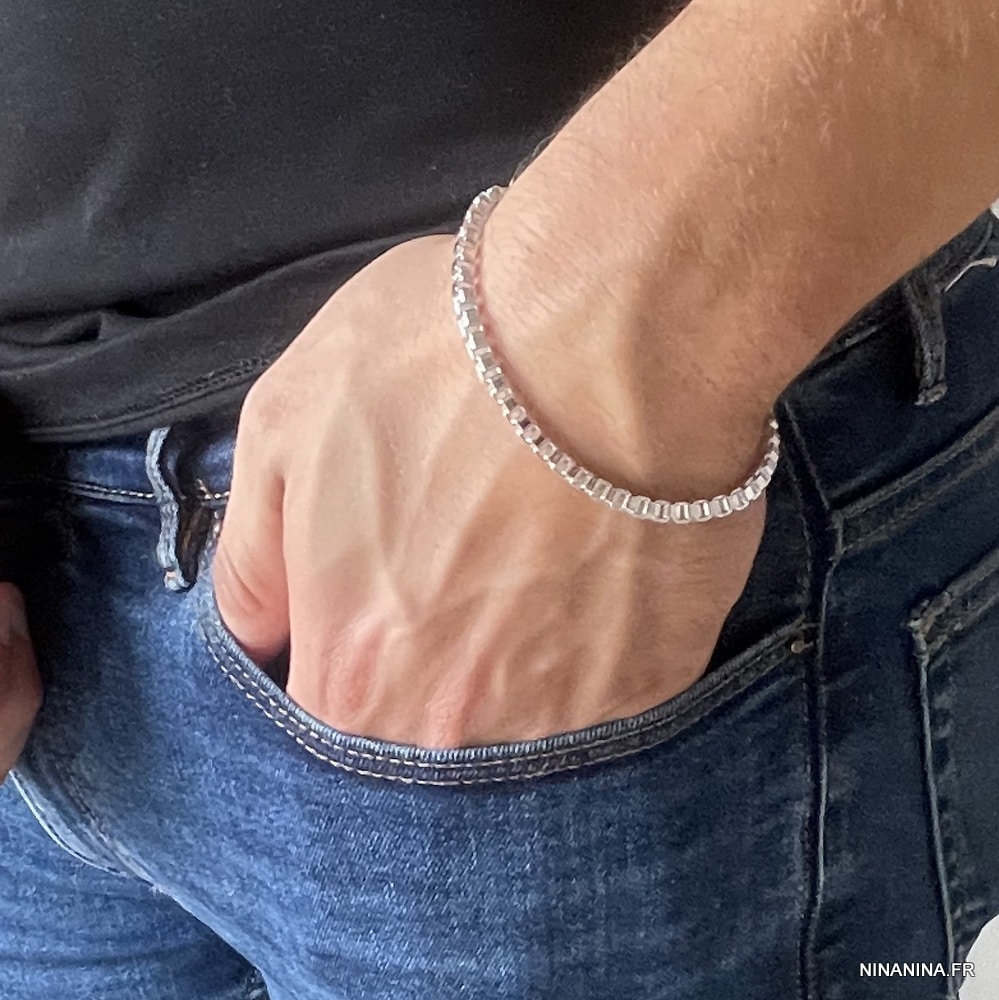 Bracelet maille carrée vénitienne homme plaqué Argent – Image 3