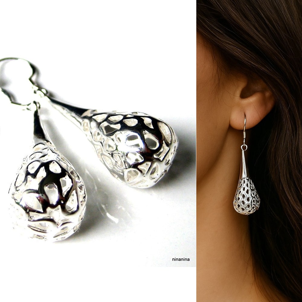 Boucles d’oreilles gouttes argent plaqué filigrané – Bijou artisanal pour femme – Image 9