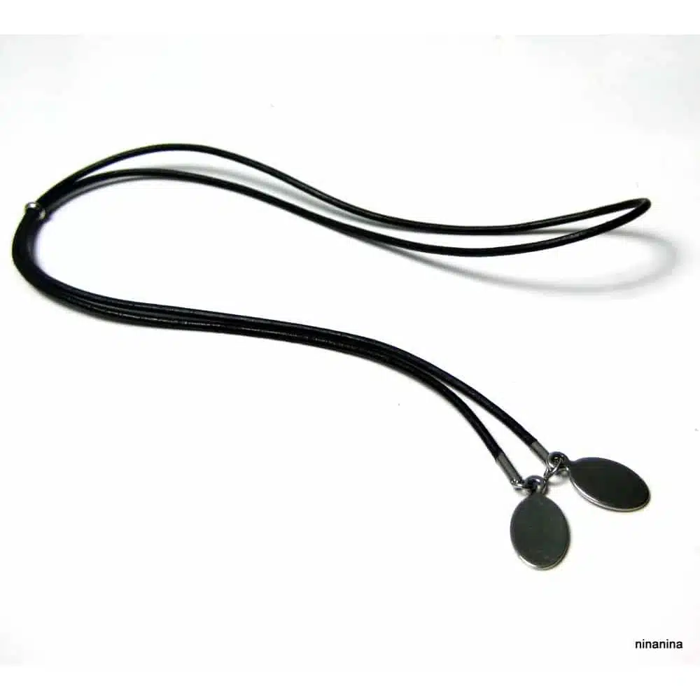 Collier Cuir Femme Bohème Chic Pendentifs Ovales Acier Inoxydable Argenté – Image 3
