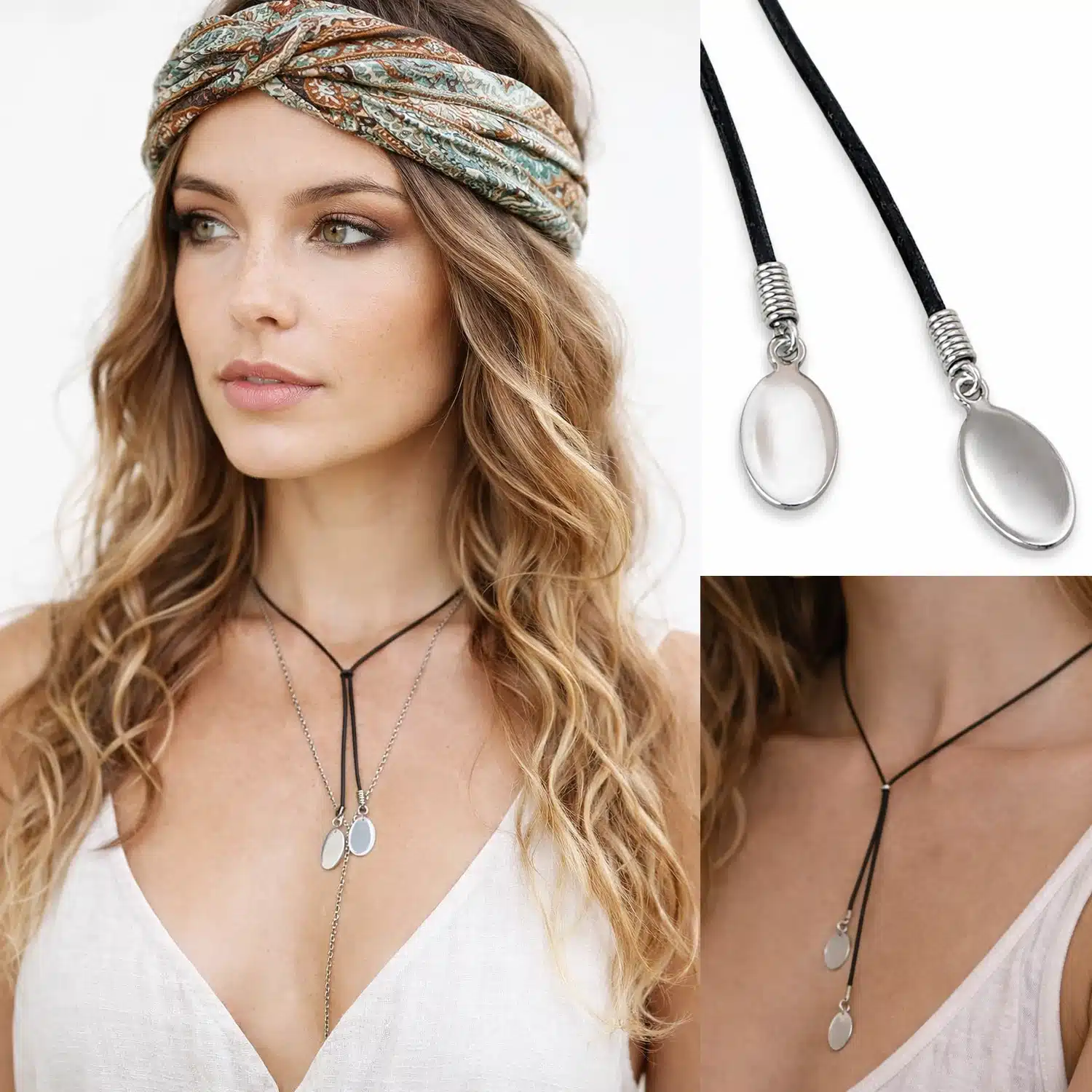 Collier Cuir Femme Bohème Chic Pendentifs Ovales Acier Inoxydable Argenté – Image 8