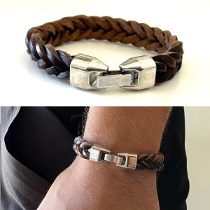 Bracelet tressé cuir homme fermoir métal argenté