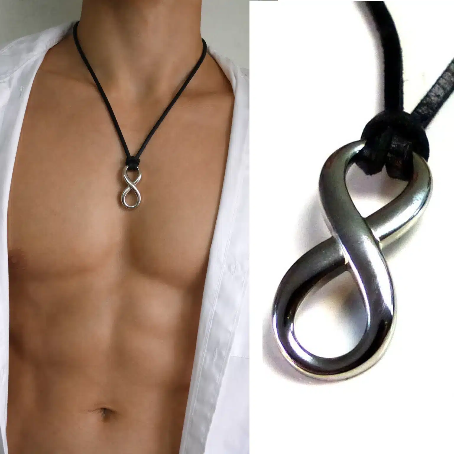 Collier Infinity Homme Cuir – Pendentif Signe Infini En Acier Inoxydable Argenté