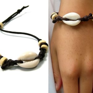 Bracelet coquillage Cauri blanc femme – Cordon coton ciré réglable fait main en France