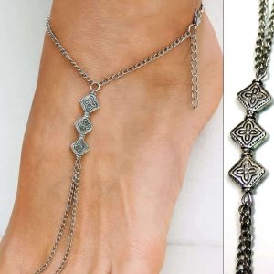 Chaine de pied femme acier inoxydable argenté et losanges fait main en France