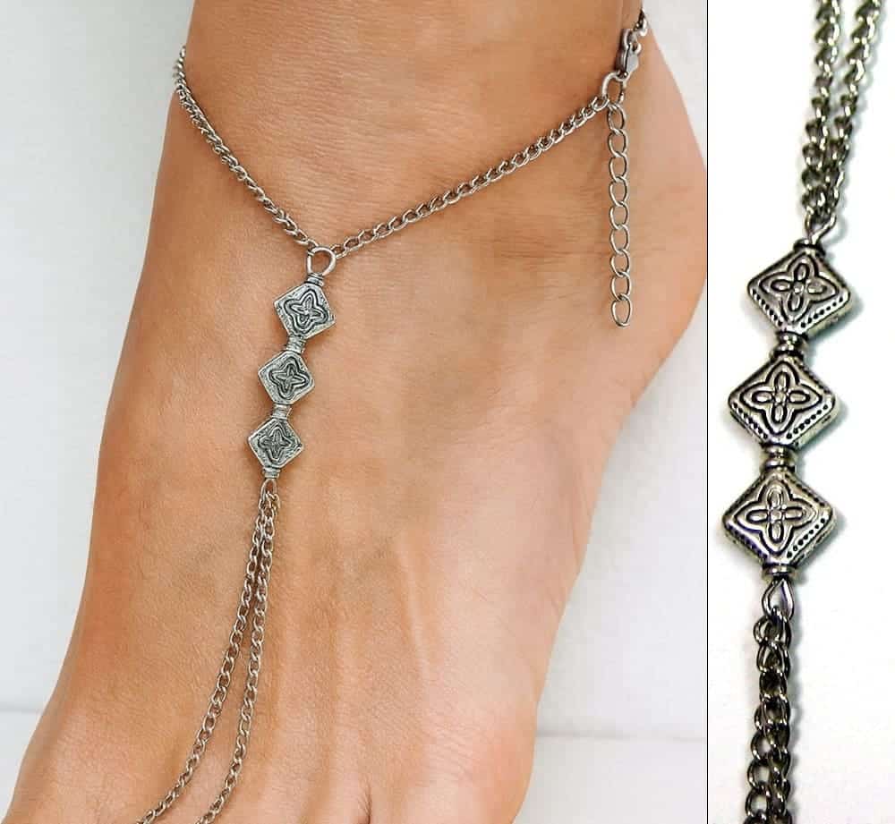 Chaine de pied femme acier inoxydable argenté et losanges fait main en France – Image 5
