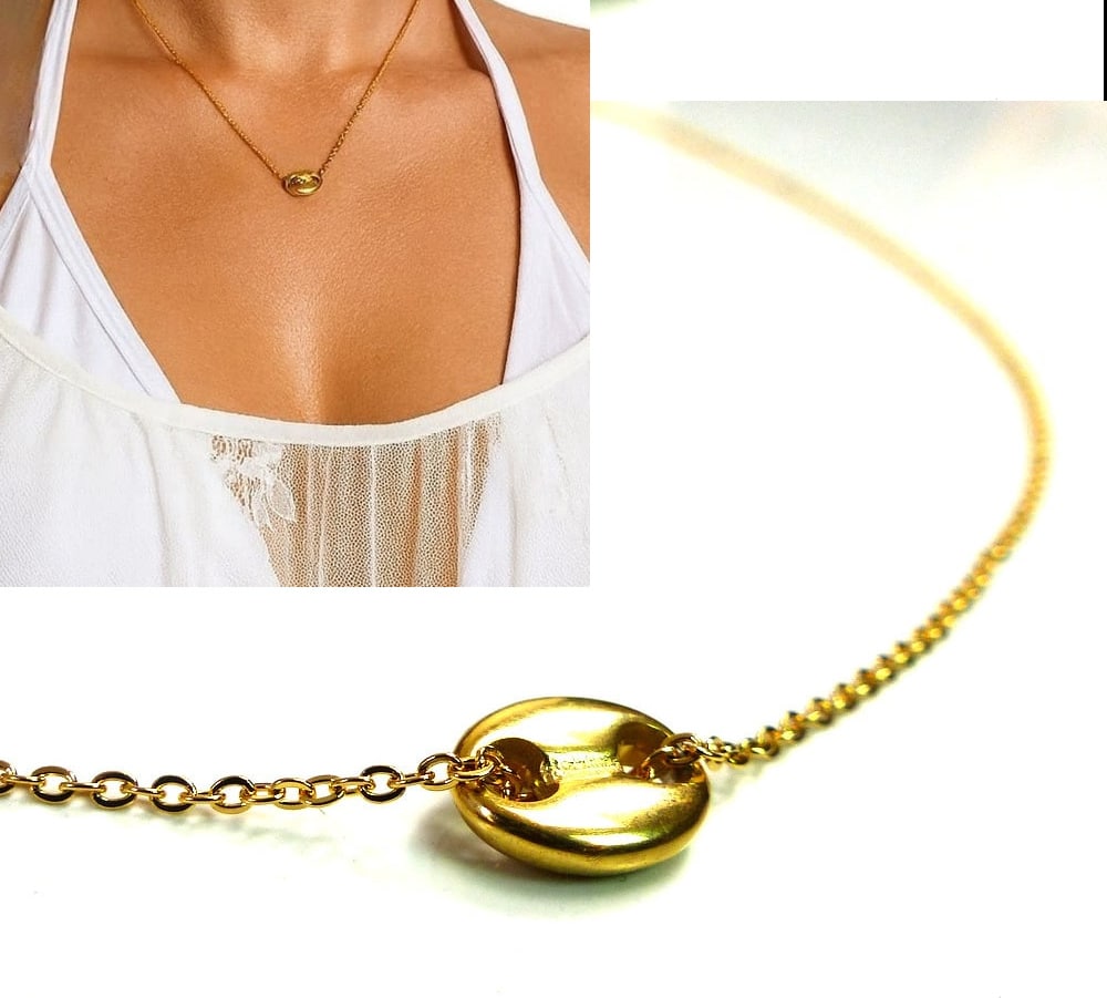 Collier femme grain de café artisanal sur chaine en Acier inoxydable doré