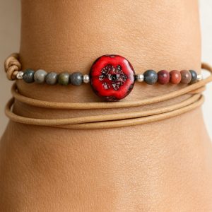Bracelet Rouge Perles Cristal de bohème Motif Fleur cordon cuir naturel Multi Tours