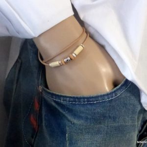 Bracelet deux tours cordon cuir perle tube Argent 925 massif
