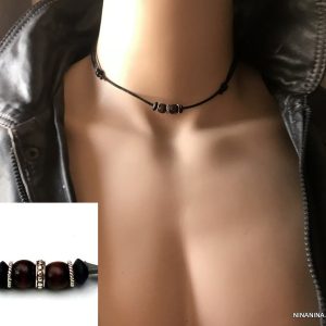Collier homme perles bois et argent 925 cordon cuir
