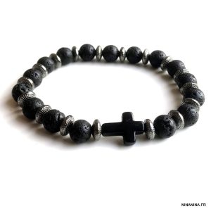 Bracelet homme perle en pierre de lave avec croix noire