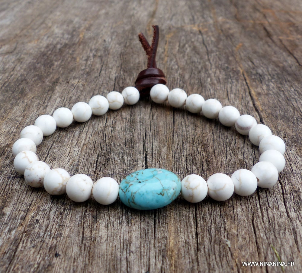 Bracelet homme perle blanche turquoise bleue naturelle – Image 2