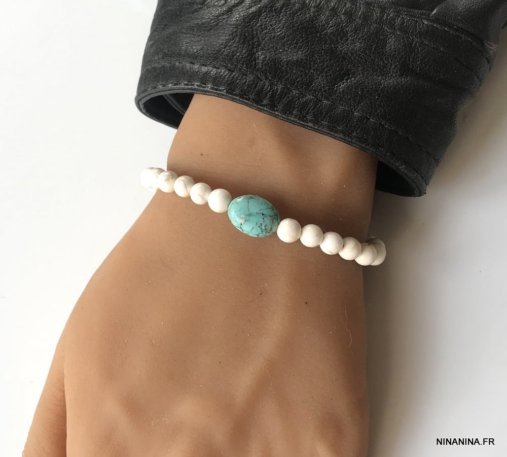 Bracelet homme perle blanche turquoise bleue naturelle – Image 4