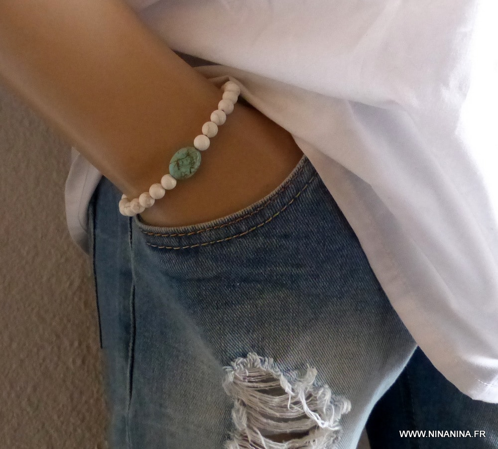 Bracelet homme perle blanche turquoise bleue naturelle – Image 9