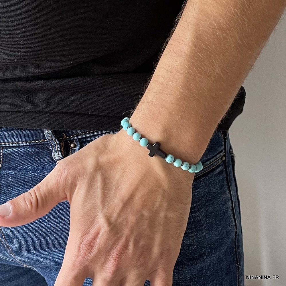 Bracelet avec croix pour femme et homme turquoise – Image 3