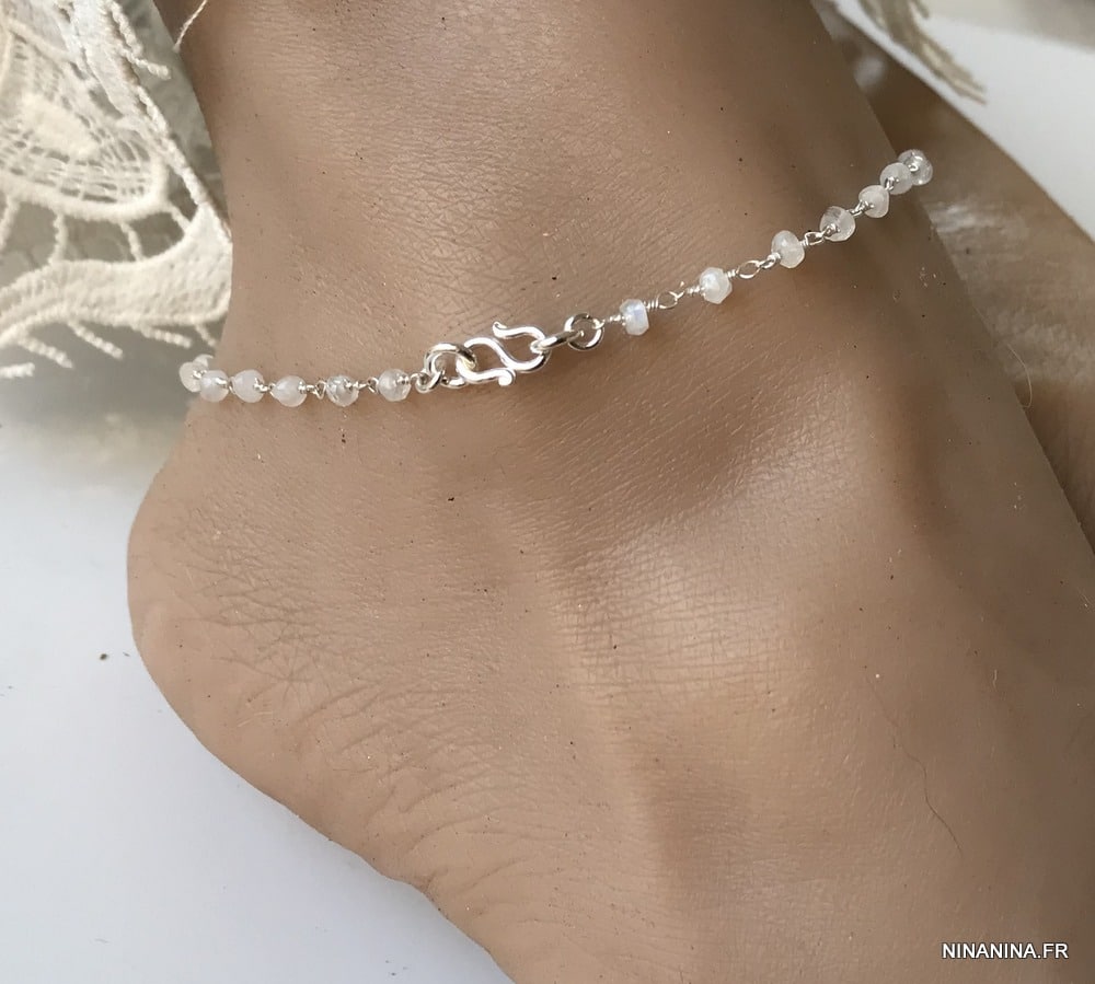 Chaine de cheville pierre de lune Argent symbole infini