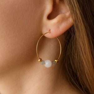 Boucles d&rsquo;Oreille Créoles Femme Pierre de Lune et Labradorite Et Plaqué Or Artisanales