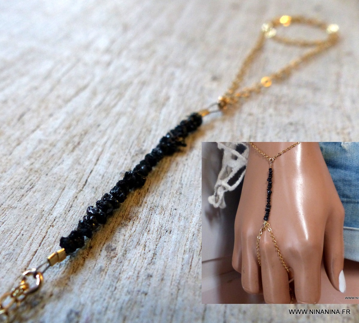 Bracelet bague chaine main Diamant noir plaqué or – Image 8
