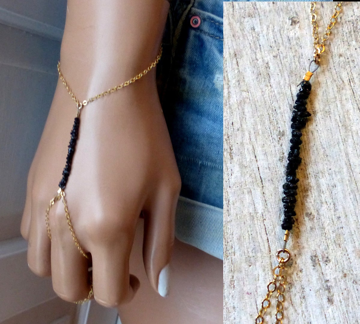 Bracelet bague chaine main Diamant noir plaqué or – Image 5