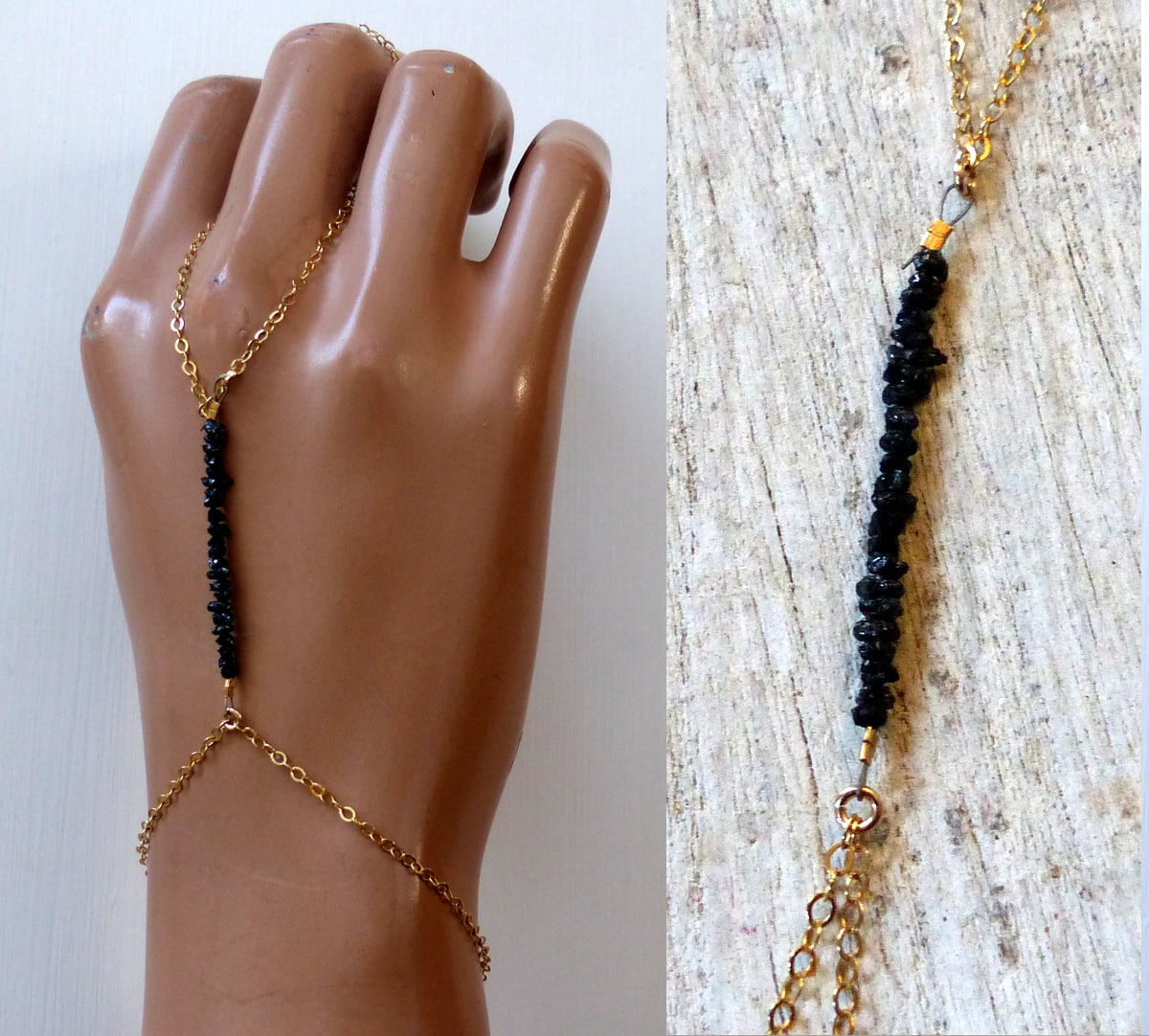 Bracelet bague chaine main Diamant noir plaqué or