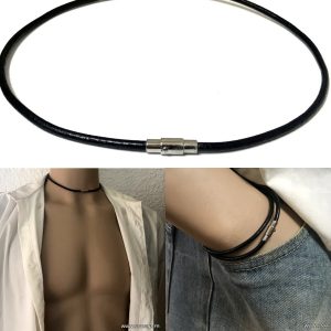 Ras de cou cuir noir homme fermoir acier inoxydable aimanté