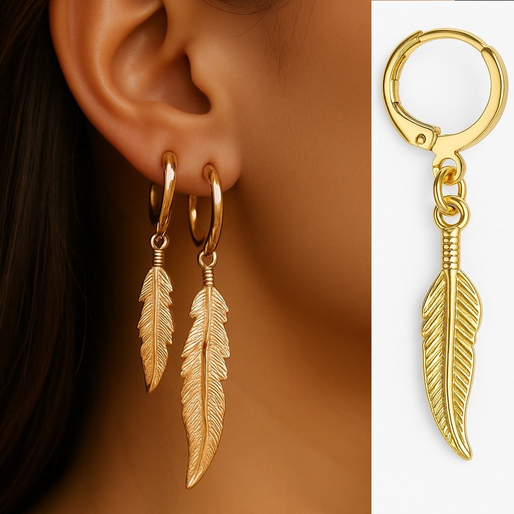 Petites créoles dorées artisanales en acier inoxydable doré avec pendentif plume