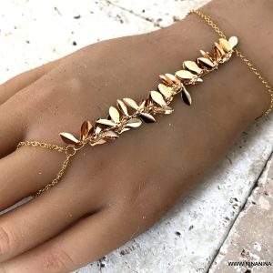Bracelet feuille or plaqué avec bague – chaine de main