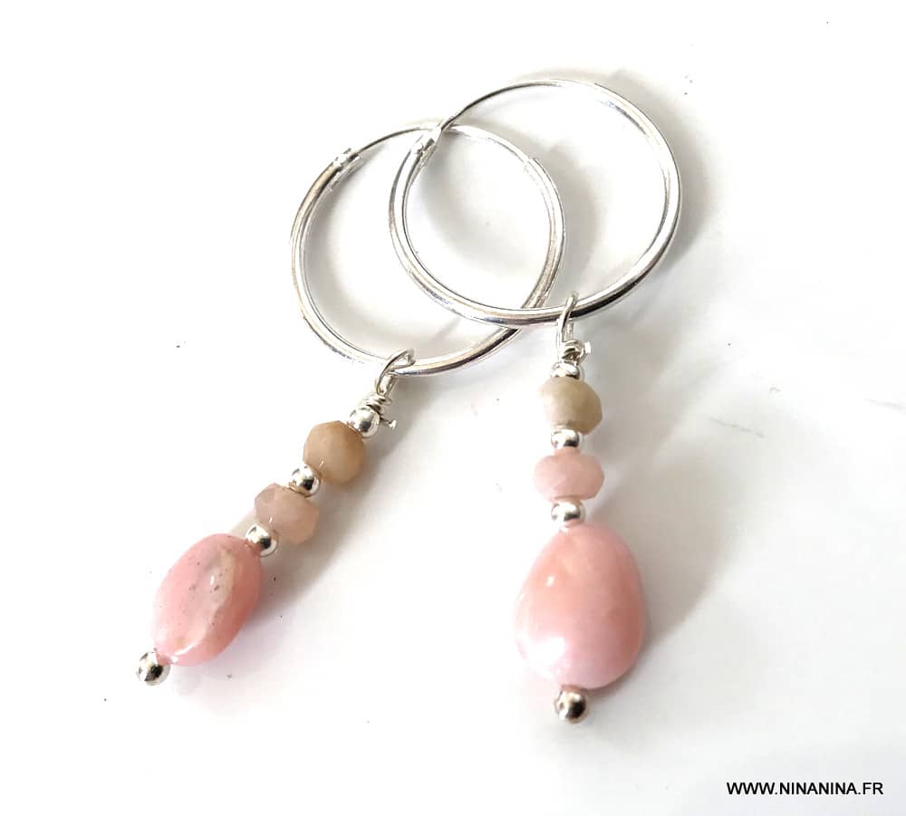 Boucles d oreilles pendentif créoles ou pendantes en opale rose et argent artisanales – Image 3