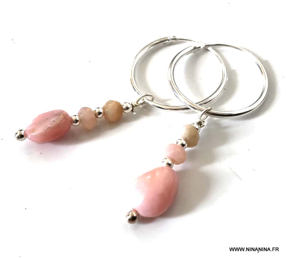 Boucles d oreilles pendentif créoles ou pendantes en opale rose et argent artisanales