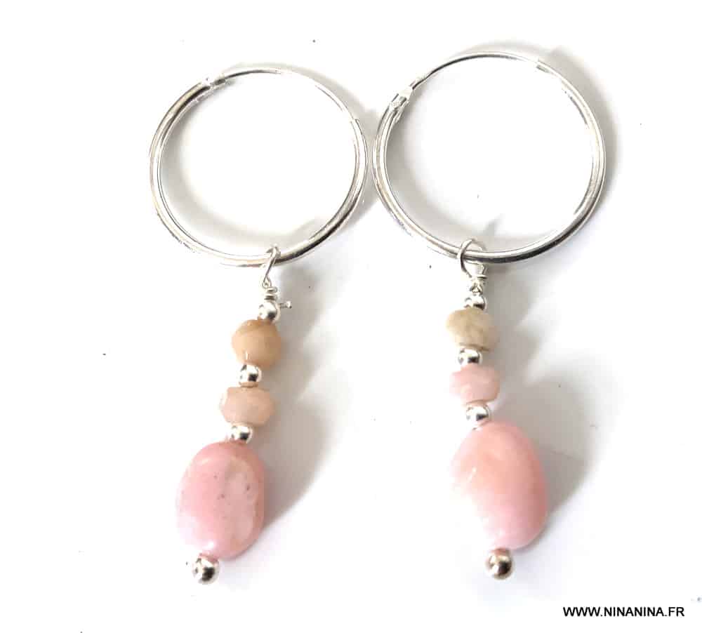 Boucles d oreilles pendentif créoles ou pendantes en opale rose et argent artisanales – Image 5