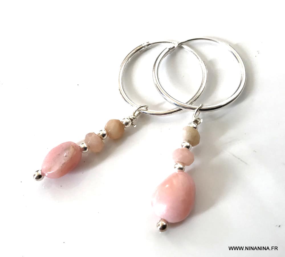 Boucles d oreilles pendentif créoles ou pendantes en opale rose et argent artisanales – Image 6